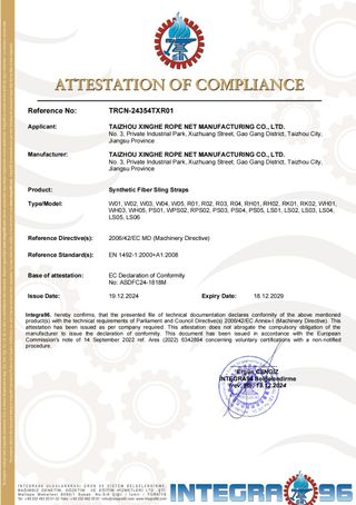 CE certificate of compliance — synthetic fiber sling straps