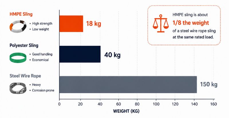 Sling weight comparison chart: HMPE 18 kg vs. Polyester 40 kg vs. Steel wire rope 150 kg at 30 t WLL, 6 m length